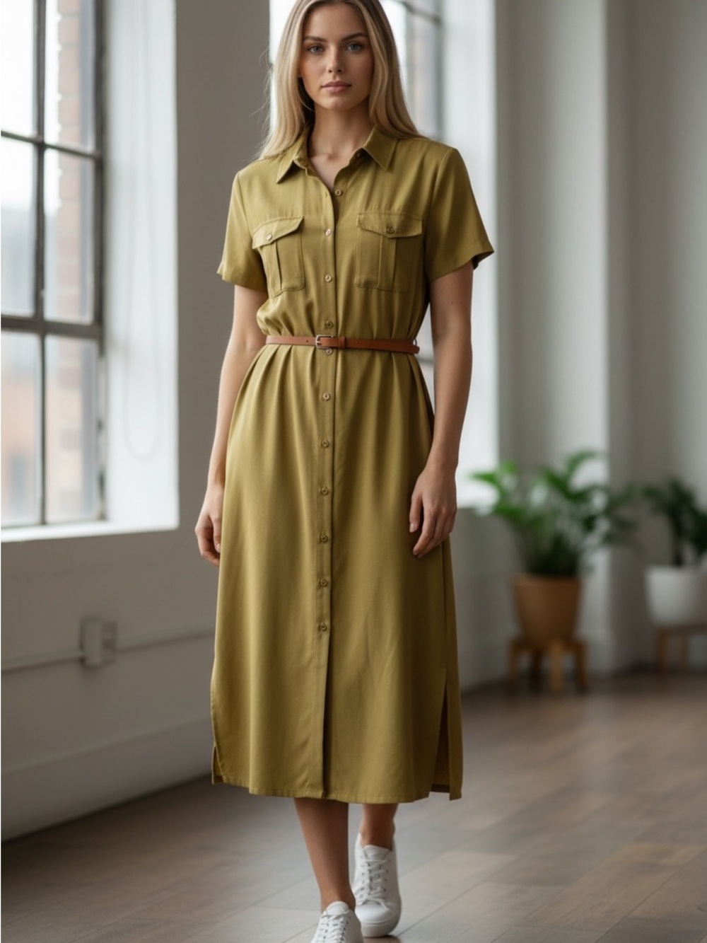 Mulberry Olive-Green Short-Sleeve Midi Shirt Dress
